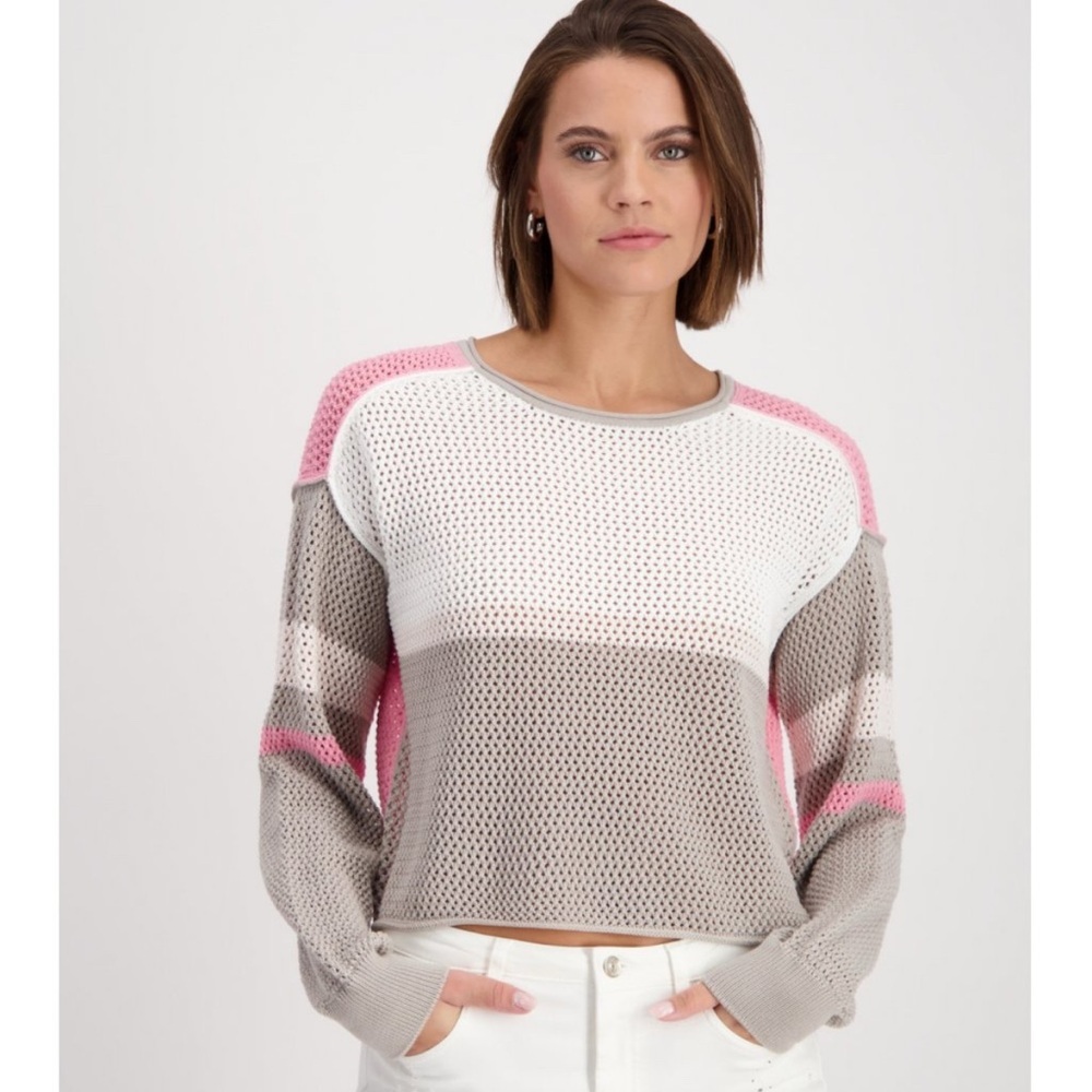 Monari crochet cotton womens sweater M Taupe Pink Mesh Knit Relaxed Fit cropish